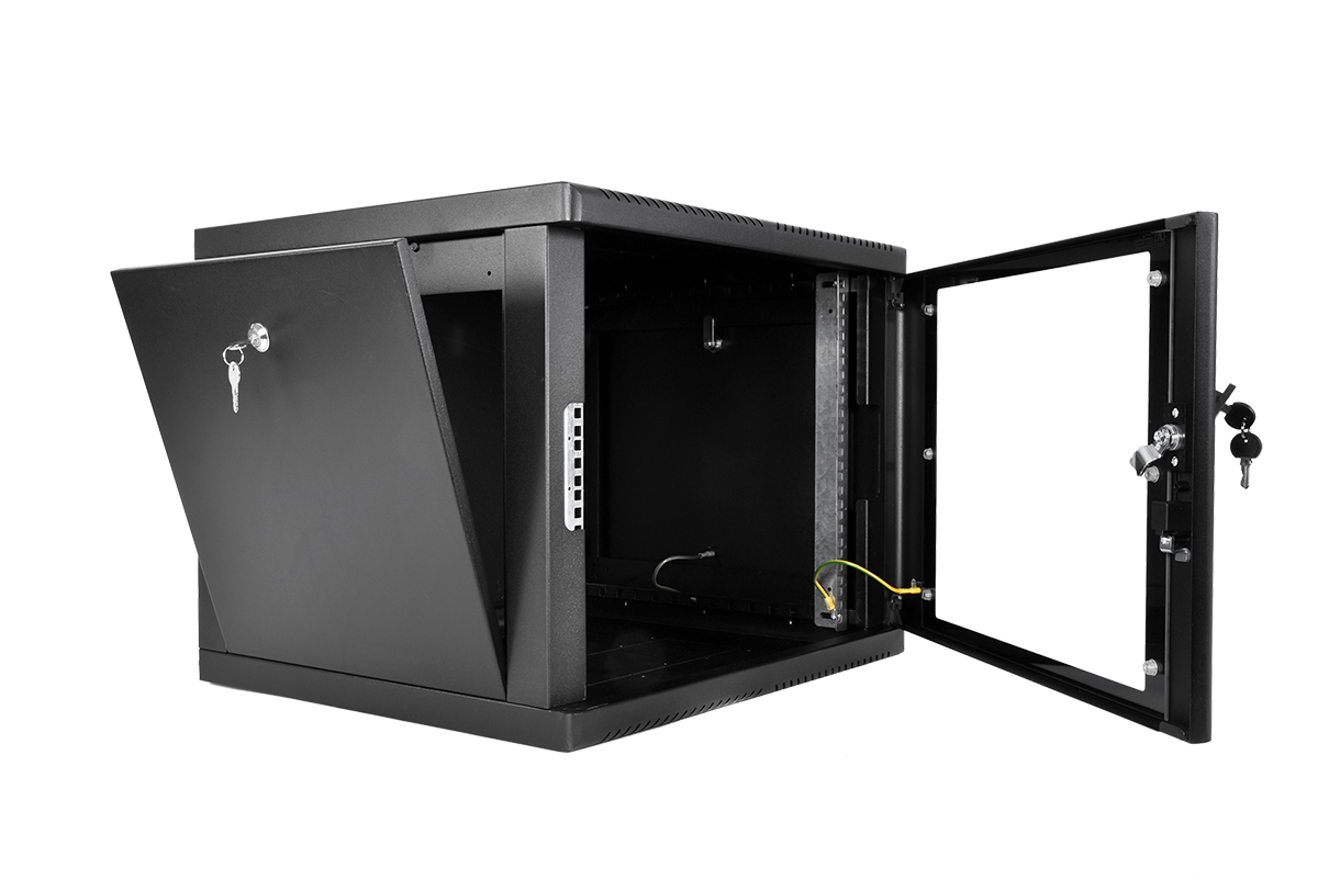 Шкаф телекоммуникационный настенный разборный 9U (600×520) съемные стенки, дверь стекло, цвет черный